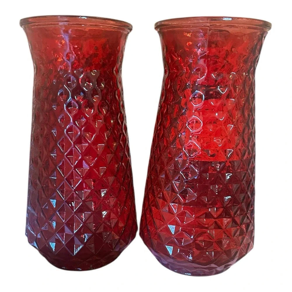 Set of 2 Red Glass Rose Flower Vases EUC